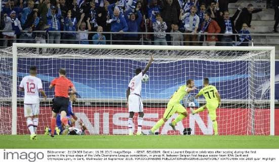 - GENT, BELGIUM: Gent s Laurent Depoitre celebrates after scoring during the first game in the group stage of the Uefa Champions League competition, in group H, between Belgian first league soccer team KAA Gent and Olympique Lyon, in Gent, Wednesday 16 September 2015. YORICKxJANSENS  x04701498x
