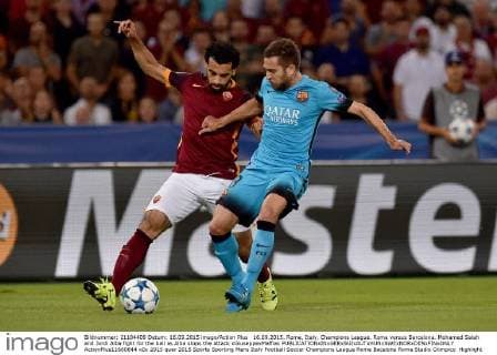 16.09.2015. Rome, Italy. Champions League. Roma versus Barcelona. Mohamed Salah and Jordi Alba fight for the ball as Alba stops the attack xGiuseppexMaffiax  ActionPlus11660844