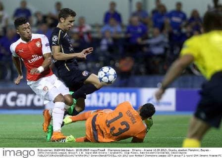 Champions League - Dinamo - Arsenal 16.09.2015.,Croatia, stadium Maksimir, Zagreb - UEFA Champions League, Group F, 1 st. round GNK Dinamo - Arsenal FC. Josip Pivaric, Alex Oxlade-Chamberlain, David Ospina.  GoranxStanzl PIXSELL