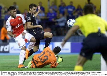 Champions League - Dinamo - Arsenal 16.09.2015.,Croatia, stadium Maksimir, Zagreb - UEFA Champions League, Group F, 1 st. round GNK Dinamo - Arsenal FC. Josip Pivaric, Alex Oxlade-Chamberlain, David Ospina.  GoranxStanzl PIXSELL