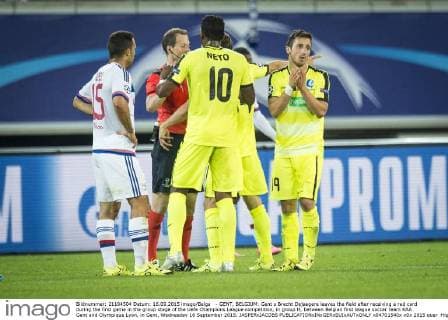- GENT, BELGIUM: Gent s Brecht Dejaegere leaves the field after receiving a red card during the first game in the group stage of the Uefa Champions League competition, in group H, between Belgian first league soccer team KAA Gent and Olympique Lyon, in Gent, Wednesday 16 September 2015. JASPERxJACOBS  x04701540x