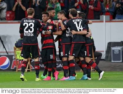 16.09.2015, xovx, Fussball UEFA Champions League, Bayer 04 Leverkusen - Bate Baryssau, emspor Jubel nach dem Tor zum 2:1 durch Hakan Calhanoglu (Bayer 04 Leverkusen), Aktion.
