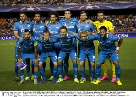 UEFA Champions League 2015 2016 - Zenit St. Petersburg - Hintere Reihe v.li.: Javi Garcia, Ezequiel Garay, Axel Witsel, Artem Dzyuba, Nicolas Lombaerts, Yuriy Lodygin; vorn: Danny, Aleksandr Anyukov, Domenico Criscito, Igor Smolnikov, Hulk. 