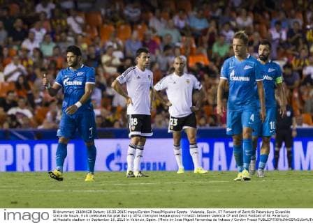 Valencia, Spain. 07 Forward of Zenit St Petersburg Givanildo Vieira de Souza, Hulk celebrates his goal during UEFA champion league group H match between Valencia CF and Zenit Football of St. Peterburg at Mestalla stadium on September 16, 2015 in Valencia, Spain. (Photo by Jose Miguel Fernandez de Velasco Cordon Press) 