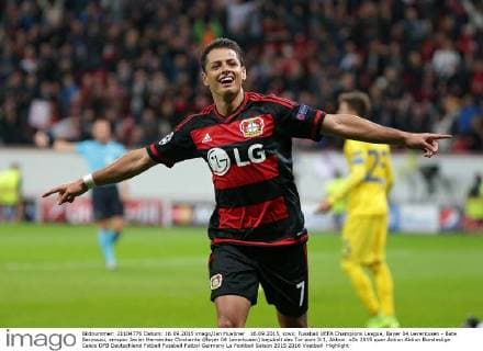 16.09.2015, xovx, Fussball UEFA Champions League, Bayer 04 Leverkusen - Bate Baryssau, emspor Javier Hernandez Chicharito (Bayer 04 Leverkusen) bejubelt das Tor zum 3:1, Aktion.
