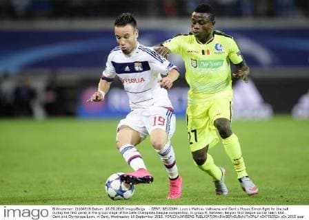 - GENT, BELGIUM: Lyon s Mathieu Valbuena and Gent s Moses Simon fight for the ball during the first game in the group stage of the Uefa Champions League competition, in group H, between Belgian first league soccer team KAA Gent and Olympique Lyon, in Gent, Wednesday 16 September 2015. YORICKxJANSENS x04701552x