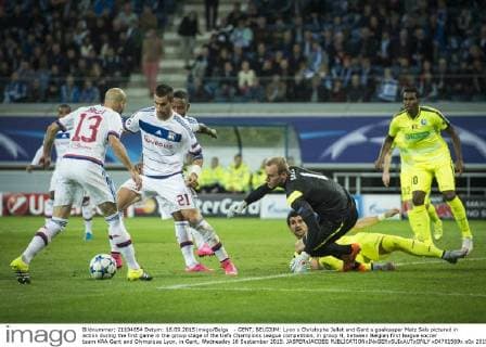 - GENT, BELGIUM: Lyon s Christophe Jallet and Gent s goalkeeper Matz Sels pictured in action during the first game in the group stage of the Uefa Champions League competition, in group H, between Belgian first league soccer team KAA Gent and Olympique Lyon, in Gent, Wednesday 16 September 2015. JASPERxJACOBS x04701569x