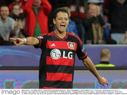Javier HERNANDEZ, CHICCHARITO, Lev 7 Torschuss, schiesst das Tor zum 3-1 Torjubel, Jubel nach dem Tor BAYER 04 LEVERKUSEN - FC BATE BORISOV , Fussball UEFA Champions League, Gruppenphase, Leverkusen, 16.09.2015 CL Saison 2015 2016,