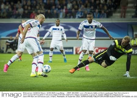- GENT, BELGIUM: Lyon s Christophe Jallet and Gent s goalkeeper Matz Sels pictured in action during the first game in the group stage of the Uefa Champions League competition, in group H, between Belgian first league soccer team KAA Gent and Olympique Lyon, in Gent, Wednesday 16 September 2015. JASPERxJACOBS  x04701568x