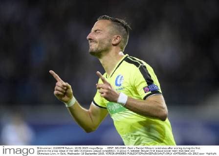 - GENT, BELGIUM: Gent s Danijel Milicevic celebrates after scoring during the first game in the group stage of the Uefa Champions League competition, in group H, between Belgian first league soccer team KAA Gent and Olympique Lyon, in Gent, Wednesday 16 September 2015. YORICKxJANSENS  x04701605x