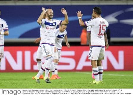 - GENT, BELGIUM: Lyon s Christophe Jallet celebrates after scoring during the first game in the group stage of the Uefa Champions League competition, in group H, between Belgian first league soccer team KAA Gent and Olympique Lyon, in Gent, Wednesday 16 September 2015. YORICKxJANSENS  x04701612x