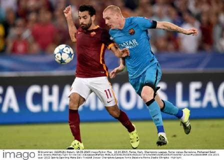 16.09.2015. Rome, Italy. Champions League. Roma versus Barcelona. Mohamed Salah and Jeremy Mathieu fight for the ball xGiuseppexMaffiax  ActionPlus11660898