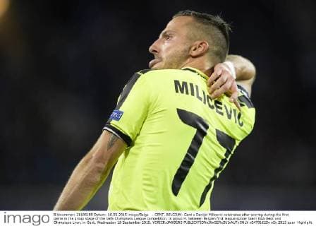 - GENT, BELGIUM: Gent s Danijel Milicevic celebrates after scoring during the first game in the group stage of the Uefa Champions League competition, in group H, between Belgian first league soccer team KAA Gent and Olympique Lyon, in Gent, Wednesday 16 September 2015. YORICKxJANSENS  x04701620x