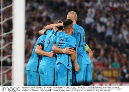 Sept. 16, 2015 - Rome, Itay - Luis Suarez celebrates after scoring his team s first goal during the UEFA Champions League match between AS Roma and FC Barcelona Barca at Stadio Olimpico in Rome on September 16, 2015. AS Roma v FC Barcelona - UEFA Champions League  - ZUMAn230