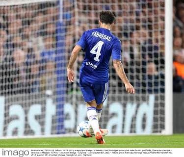 Chelsea s Cesc Fabregas scoring his sides fourth goal UEFA Champions League - Chelsea vs Maccabi Tel Aviv - Stamford Bridge - England - 16th September 2015 - Picture David Klein Sportimage EDITORIAL USE ONLY. No use with unauthorised audio, video, data, fixture lists, club league logos or live services. Online in-match use limited to 120 images, no video emulation. No use in betting, games or single club league player publications.