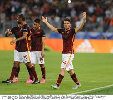 Rome, Italy - Roma s forward Alessandro Florenzi celebrates after scoring a goal during the champions league football match AS Roma vs Barcelona FC at the Olympic Stadium in Rome, on september 16, 2015. AS Roma v FC Barcelona Barca - UEFA Champions League  - ZUMAn230