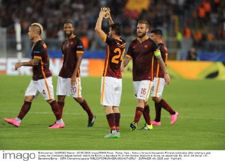 Rome, Italy - Roma s forward Alessandro Florenzi celebrates after scoring a goal during the champions league football match AS Roma vs Barcelona FC at the Olympic Stadium in Rome, on september 16, 2015. AS Roma v FC Barcelona Barca - UEFA Champions League  - ZUMAn230
