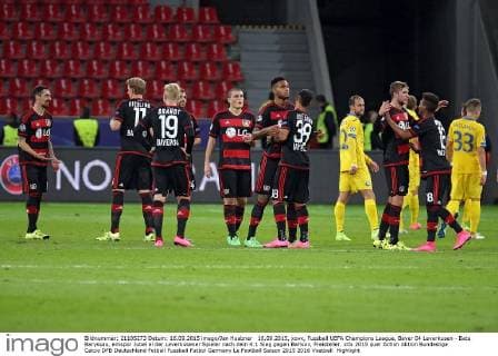 16.09.2015, xovx, Fussball UEFA Champions League, Bayer 04 Leverkusen - Bate Baryssau, emspor Jubel el der Leverkusener Spieler nach dem 4:1 Sieg gegen Barisov, Freisteller.