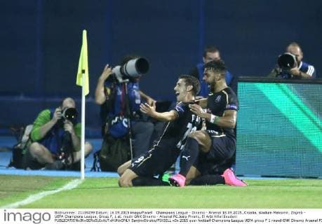 Champions League - Dinamo - Arsenal 16.09.2015.,Croatia, stadium Maksimir, Zagreb - UEFA Champions League, Group F, 1 st. roudn GNK Dinamo - Arsenal FC.Josip Pivaric, El Arbi Hillel Soudani  SanjinxStrukic PIXSELL