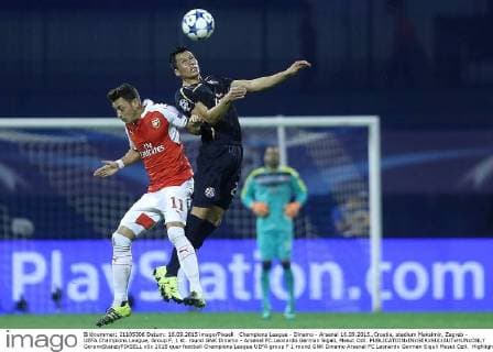 Champions League - Dinamo - Arsenal 16.09.2015.,Croatia, stadium Maksimir, Zagreb - UEFA Champions League, Group F, 1 st. round GNK Dinamo - Arsenal FC.Leonardo German Sigali, Mesut Ozil.  GoranxStanzl PIXSELL