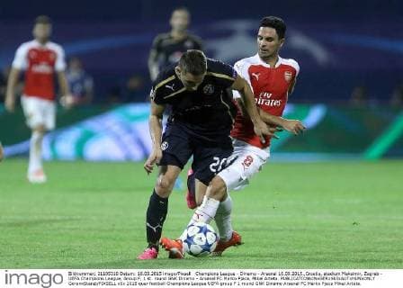 Champions League - Dinamo - Arsenal 16.09.2015.,Croatia, stadium Maksimir, Zagreb - UEFA Champions League, Group F, 1 st. round GNK Dinamo - Arsenal FC.Marko Pjaca, Mikel Arteta. GoranxStanzl PIXSELL