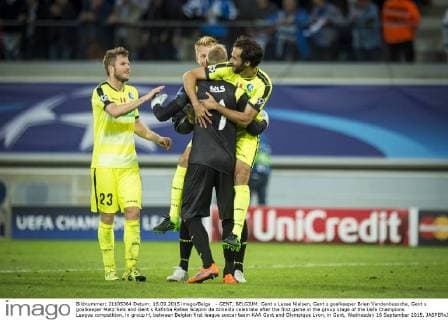 - GENT, BELGIUM: Gent s Lasse Nielsen, Gent s goalkeeper Brian Vandenbussche, Gent s goalkeeper Matz Sels and Gent s Rafinha Rafael Scapini de Almeida celebrate after the first game in the group stage of the Uefa Champions League competition, in group H, between Belgian first league soccer team KAA Gent and Olympique Lyon, in Gent, Wednesday 16 September 2015. JASPERxJACOBS  x04701650x
