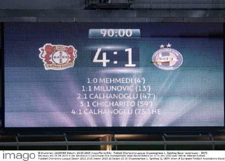 Fußball Champions League Gruppenphase 1. Spieltag Bayer Leverkusen - BATE Baryssau am 16.09.2015 in der BayArena in Leverkusen Die Anzeigentafel zeigt den Endstand an xTTx