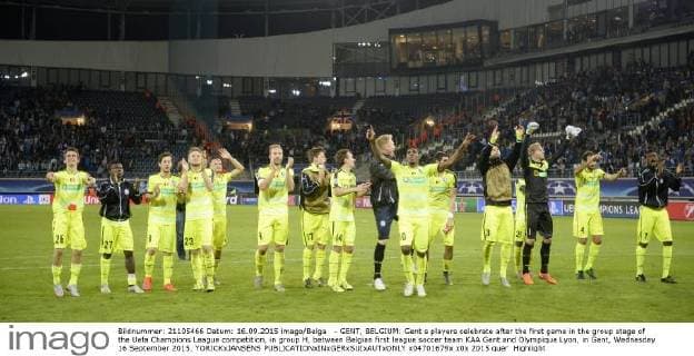 - GENT, BELGIUM: Gent s players celebrate after the first game in the group stage of the Uefa Champions League competition, in group H, between Belgian first league soccer team KAA Gent and Olympique Lyon, in Gent, Wednesday 16 September 2015. YORICKxJANSENS  x04701679x