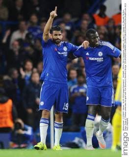 Football - 2015 2016 Champions League - Group G: Chelsea vs. Maccabi Tel Aviv Diego Costa of Chelsea celebrates his goal with Kurt Zouma at Stamford Bridge. COLORSPORT ANDREW COWIE 
