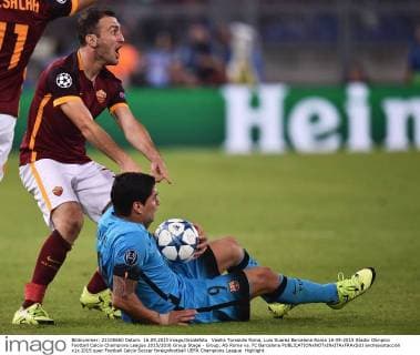 Vasilis Torosidis Roma, Luis Suarez Barcelona Roma 16-09-2015 Stadio Olimpico Football Calcio Champions League 2015 2016 Group Stage - Group, AS Roma vs. FC Barcelona andreaxstaccioli
