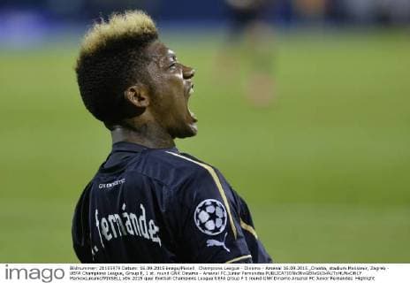 Champions League - Dinamo - Arsenal 16.09.2015.,Croatia, stadium Maksimir, Zagreb - UEFA Champions League, Group F, 1 st. round GNK Dinamo - Arsenal FC.Junior Fernandes  MarkoxLukunic PIXSELL