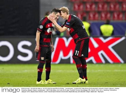 Leverkusen, 16.09.2015, BayArena Schlussjubel: Roberto Hilbert (Bayer), Stefan Kiessling (Bayer) Bayer Leverkusen - BATE Baryssau mm