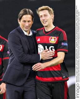 Leverkusen, 16.09.2015, BayArena Schlussjubel: Trainer Roger Schmidt (Bayer), Stefan Kiessling (Bayer) Bayer Leverkusen - BATE Baryssau mm