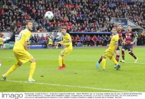 Admir MEHMEDI, Lev 14 Torschuss, schiesst das Tor zum 1-0 BAYER 04 LEVERKUSEN - FC BATE BORISOV 4-1 , Fussball UEFA Champions League, Gruppenphase, Leverkusen, 16.09.2015 CL Saison 2015 2016,