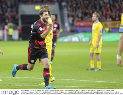 Admir MEHMEDI, Lev 14 Torschuss, schiesst das Tor zum 1-0 Torjubel, Jubel nach dem Tor zum 1-0 BAYER 04 LEVERKUSEN - FC BATE BORISOV 4-1 , Fussball UEFA Champions League, Gruppenphase, Leverkusen, 16.09.2015 CL Saison 2015 2016,