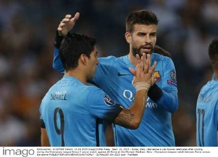 Sept. 16, 2015 - Rome, Italy - Barcelona s Luis Suarez celebrates after scoring during the Champions League Group E soccer match against AS Roma at the Olympic Stadium. Italy : Champions League match between Roma versus Barcelona - ZUMAp133