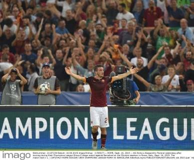 (150917) -- ROME, Sept. 16, 2015 -- AS Roma s Alessandro Florenzi celebrates after scoring during their Champions League Group E stage match against Barcelona at the Olympic stadium in Rome, Italy, Sept. 16, 2015. The match tied 1-1. ) (SP)ITALY-ROME-SOCCER-UEFA CHAMPIONS LEAGUE-ROMA VS BARCELONA AlbertoxLingria 