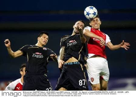 SOCCER - CL, Zagreb vs Arsenal ZAGREB,CROATIA,16.SEP.15 - SOCCER - UEFA Champions League, group stage, GNK Dinamo Zagreb vs FC Arsenal. Image shows Jeremy Taravel (Zagreb) and Gabriel (Arsenal). GEPAxpictures xMaticxKlansek