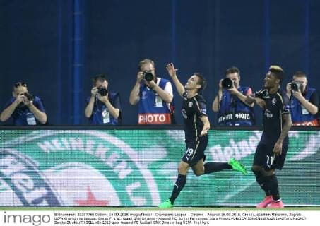 Champions League - Dinamo - Arsenal 16.09.2015.,Croatia, stadium Maksimir, Zagreb - UEFA Champions League, Group F, 1 st. round GNK Dinamo - Arsenal FC. Junior Fernandes, Josip Pivaric  SanjinxStrukic PIXSELL
