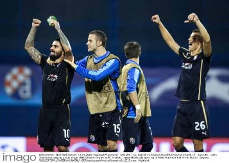 SOCCER - CL, Zagreb vs Arsenal ZAGREB,CROATIA,16.SEP.15 - SOCCER - UEFA Champions League, group stage, GNK Dinamo Zagreb vs FC Arsenal. Image shows the rejoicing of Paulo Machado and Armin Hodzic (Zagreb). GEPAxpictures xMaticxKlansek