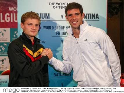 - BRUSSELS, BELGIUM: Belgian David Goffin and Argentinian Federico Delbonis shake hands at the drawing and team presentation of the Davis Cup semi final World Group meeting between Belgium and Argentina, Thursday 17 September 2015 in Brussels. The semi final will be played from 18 to 20 September 2015 in Vorst-Forest, Brussels VIRGINIExLEFOUR  x04702005x