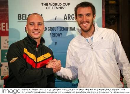 - BRUSSELS, BELGIUM: Belgian Steve Darcis and Argentinian Leonardo Mayer shake hands at the drawing and team presentation of the Davis Cup semi final World Group meeting between Belgium and Argentina, Thursday 17 September 2015 in Brussels. The semi final will be played from 18 to 20 September 2015 in Vorst-Forest, Brussels VIRGINIExLEFOUR  x04702006x