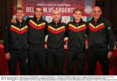 - BRUSSELS, BELGIUM: Belgian Kimmer Coppejans, Belgian Ruben Bemelmans, Belgian Steve Darcis, Belgian David Goffin and Belgian captain Johan Van Herck pose for the photographer after the drawing and team presentation of the Davis Cup semi final World Group meeting between Belgium and Argentina, Thursday 17 September 2015 in Brussels. The semi final will be played from 18 to 20 September 2015 in Vorst-Forest, Brussels VIRGINIExLEFOUR  x04702007x