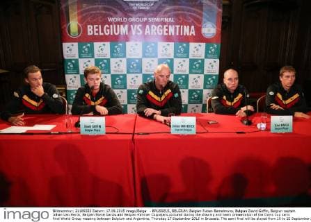 - BRUSSELS, BELGIUM: Belgian Ruben Bemelmans, Belgian David Goffin, Belgian captain Johan Van Herck, Belgian Steve Darcis and Belgian Kimmer Coppejans pictured during the drawing and team presentation of the Davis Cup semi final World Group meeting between Belgium and Argentina, Thursday 17 September 2015 in Brussels. The semi final will be played from 18 to 20 September 2015 in Vorst-Forest, Brussels VIRGINIExLEFOUR  x04701992x