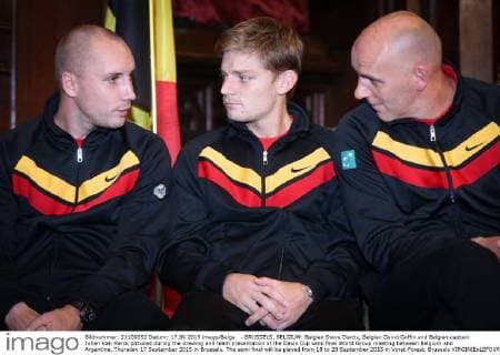 - BRUSSELS, BELGIUM: Belgian Steve Darcis, Belgian David Goffin and Belgian captain Johan Van Herck pictured during the drawing and team presentation of the Davis Cup semi final World Group meeting between Belgium and Argentina, Thursday 17 September 2015 in Brussels. The semi final will be played from 18 to 20 September 2015 in Vorst-Forest, Brussels VIRGINIExLEFOUR  x04702021x