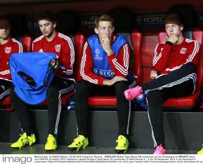 KIESSLING Stefan Team Bayer 04 Leverkusen auf der Ersatzbank mit BRANDT Julian und KRAMER Christoph UEFA Champions League Gruppe E Spiel Bayer 04 Leverkusen-FC Bate Borisov 4 : 1 am 16.September 2015 in der BayArena in Leverkusen 