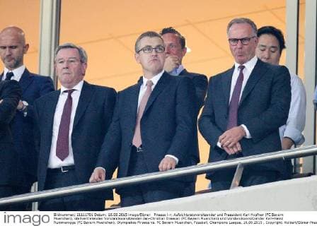 Piraeus l-r: Aufsichtsratsvorsitzender und Praesident Karl Hopfner (FC Bayern Muenchen), stellvertretenden Vorstandsvorsitzenden Jan-Christian Dreesen (FC Bayern Muenchen) und Vorstandsvorsitzender Karl-Heinz Rummenigge (FC Bayern Muenchen), Olympiakos Piraeus vs. FC Bayern Muenchen, Fussball, Champions League, 16.09.2015 , Copyright: Kolbert Eibner-Pressefoto EP_CKT