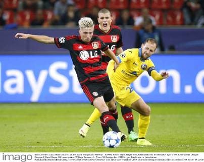 KAMPL Kevin Team Bayer 04 Leverkusen mit STASEVICH Igor UEFA Champions League Gruppe E Spiel Bayer 04 Leverkusen-FC Bate Borisov 4 : 1 am 16.September 2015 in der BayArena in Leverkusen 
