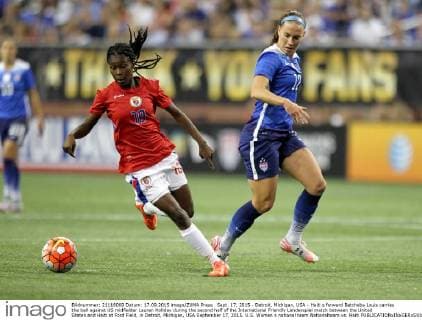 Sept. 17, 2015 - Detroit, Michigan, USA - Haiti s forward Betcheba Louis carries the ball against US midfielder Lauren Holiday during the second half of the International Friendly Länderspiel match between the United States and Haiti at Ford Field, in Detroit, Michigan, USA September 17, 2015. U.S. Women s national team Nationalteam vs. Haiti  - ZUMAn230