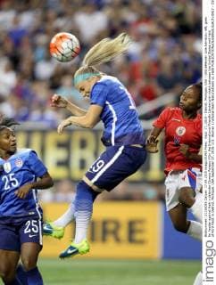Sept. 17, 2015 - Detroit, Michigan, USA - USA defender Julie Johnston, left, goes for header against Haiti s defender Clorene Rateau (4)in the International Friendly Länderspiel match between the United States and Haiti at Ford Field, in Detroit, Michigan, USA September 17, 2015. U.S. Women s national team Nationalteam vs. Haiti  - ZUMAn230